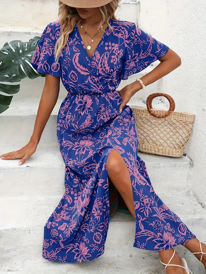 Floral Wrap Summer Dress | Bohemian, Midi, Short Sleeve