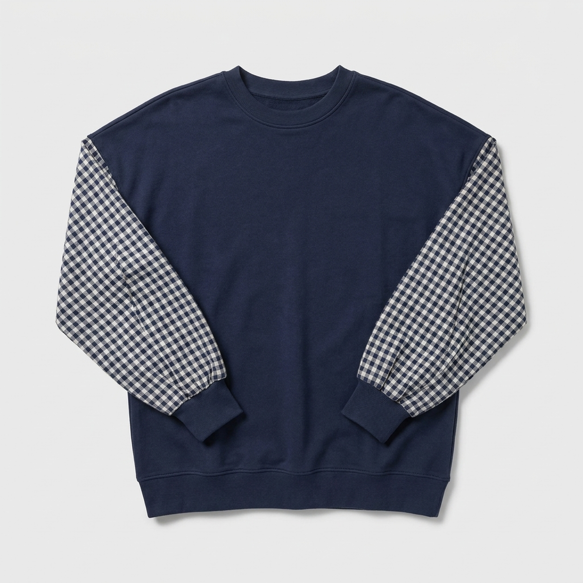 Women patchwork plaid crew neck top relaxed fit in navy blue
