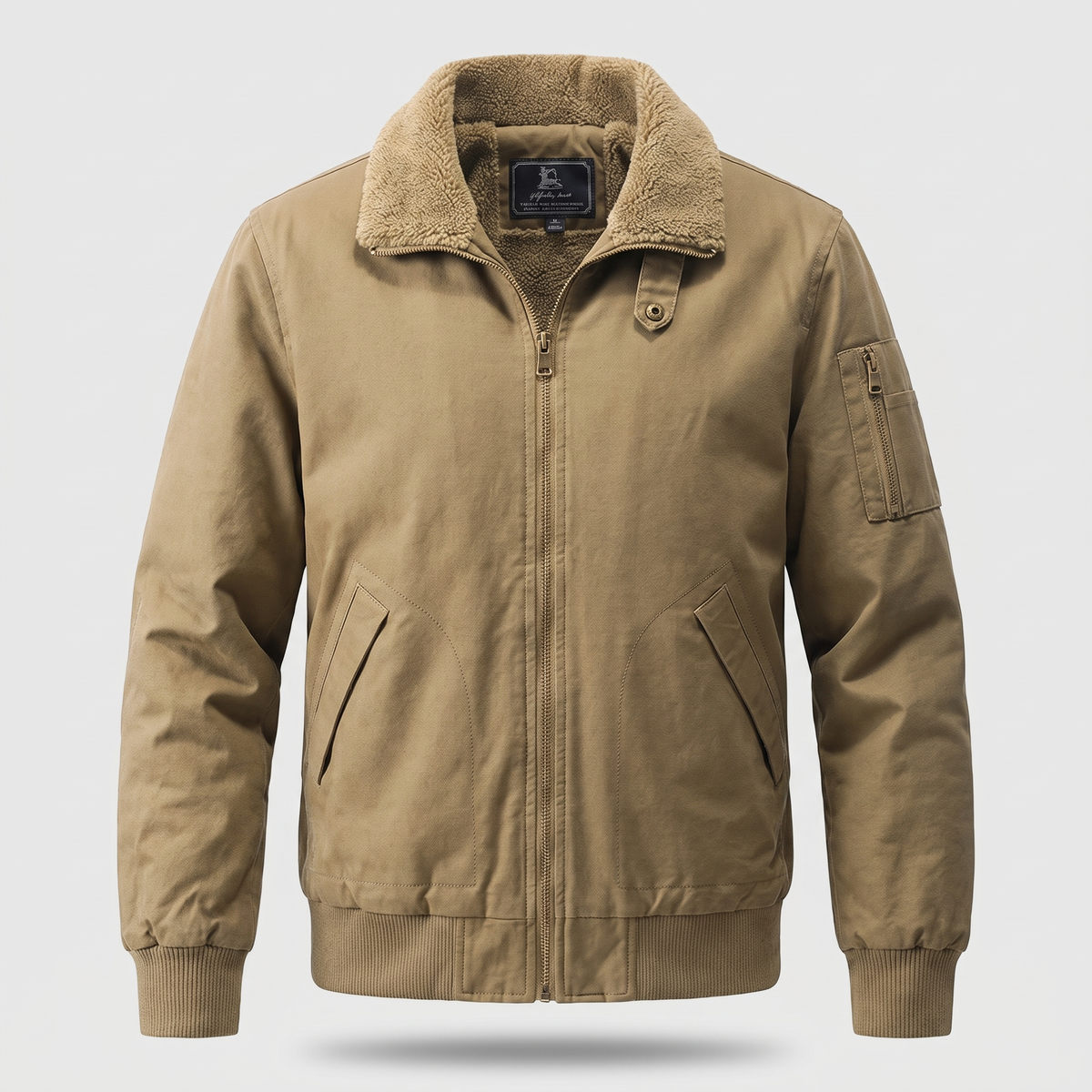 Men's sherpa bomber jacket with fleece lining and cotton canvas shell