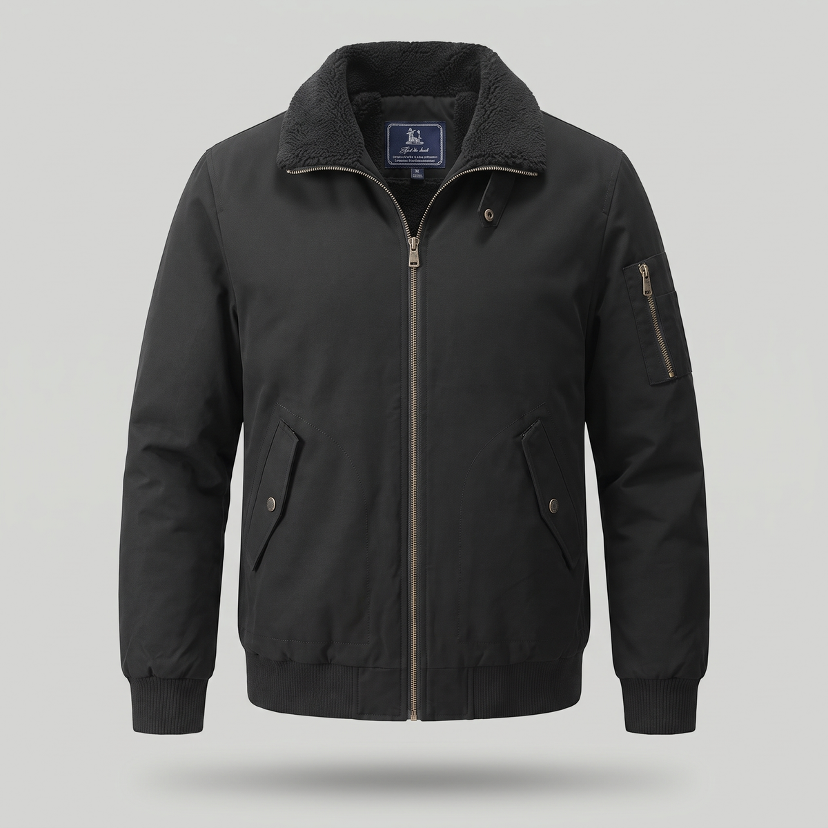 Men's sherpa bomber jacket with fleece lining and cotton canvas shell