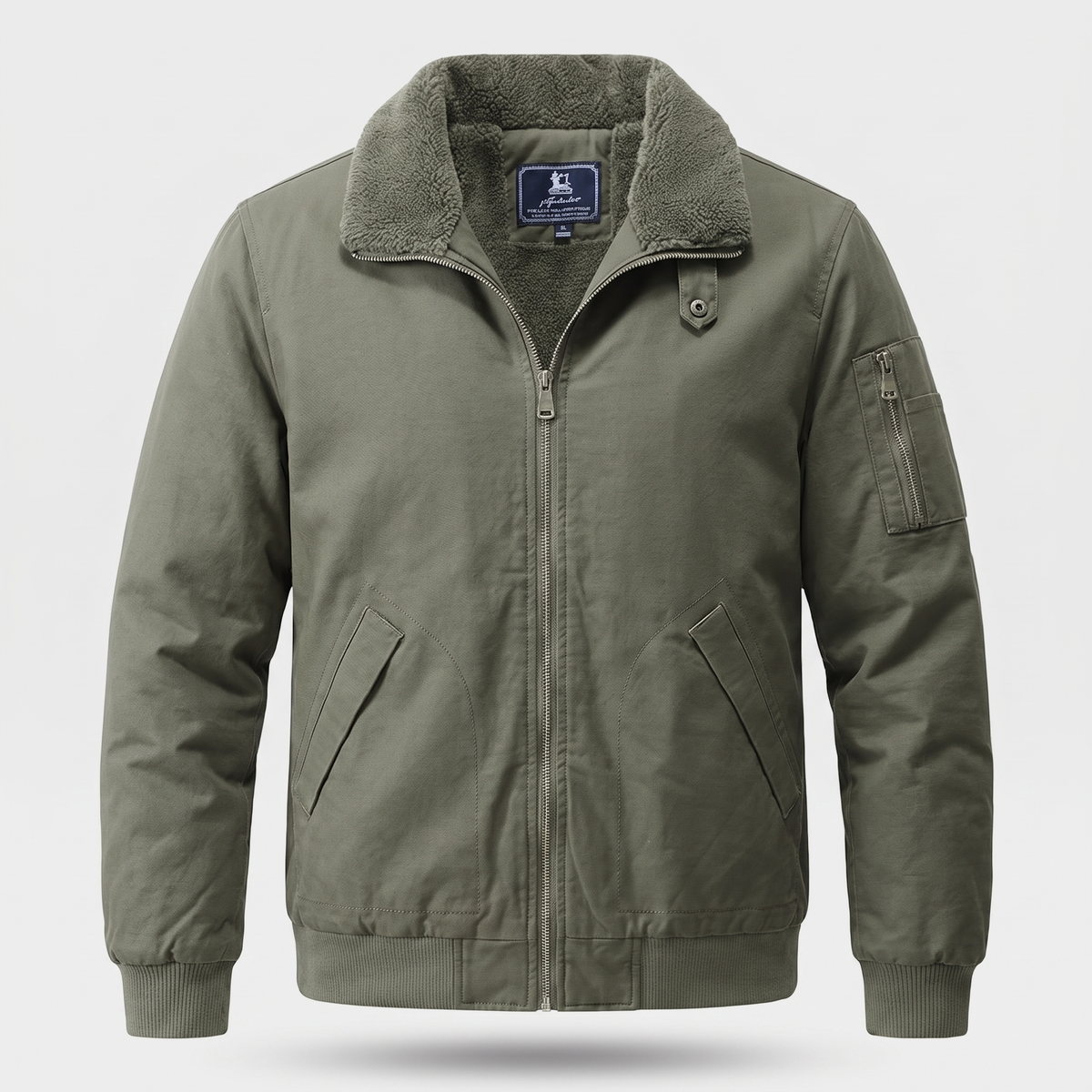 Men's sherpa bomber jacket with fleece lining and cotton canvas shell