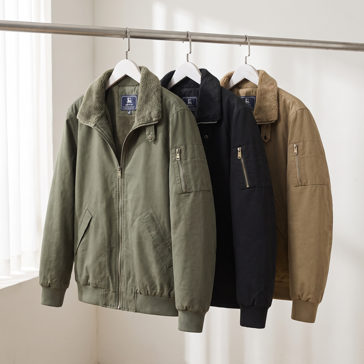 Men's sherpa bomber jacket with fleece lining and cotton canvas shell