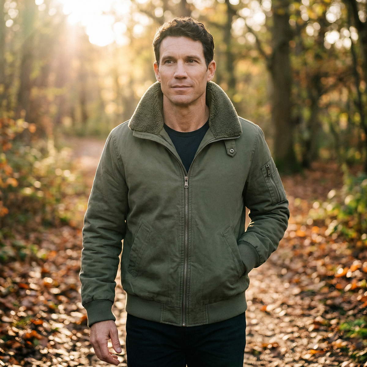 Men's sherpa bomber jacket with fleece lining and cotton canvas shell