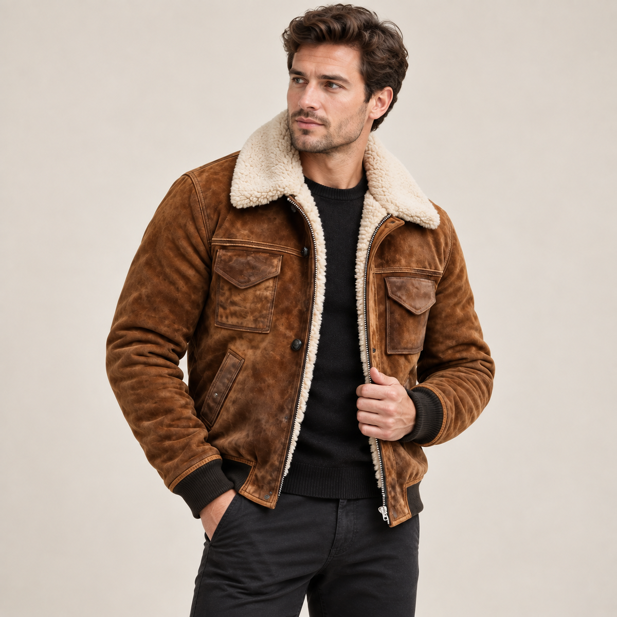 Men sherpa lined bomber jacket with shearling collar winter coat tan brown