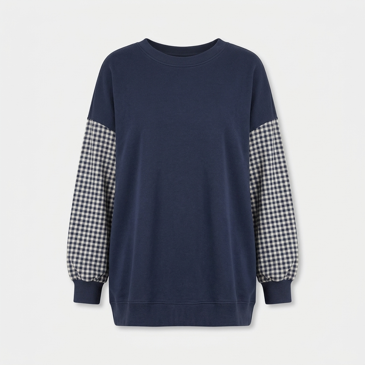 Women patchwork plaid crew neck top relaxed fit in navy blue