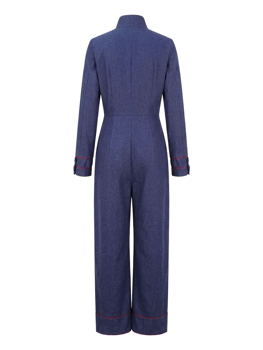 Denim Jumpsuit | Wide Leg, Long Sleeve, Mock Neck