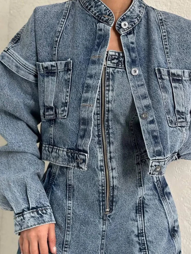 Denim Jumpsuit Set | Zip Front with Matching Jacket | Stretch