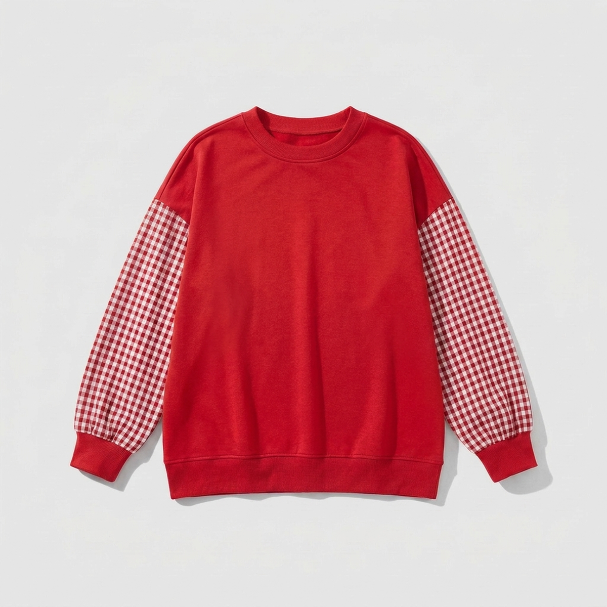 Women patchwork plaid crew neck top relaxed fit in navy blue