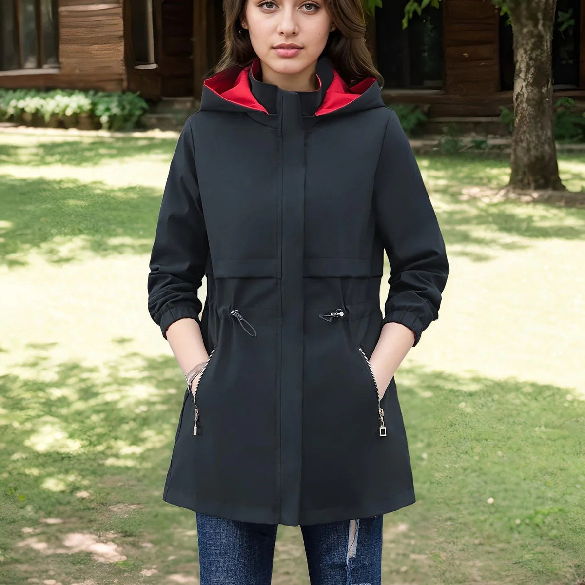 Womens reversible hooded jacket mid length with zip and button closure