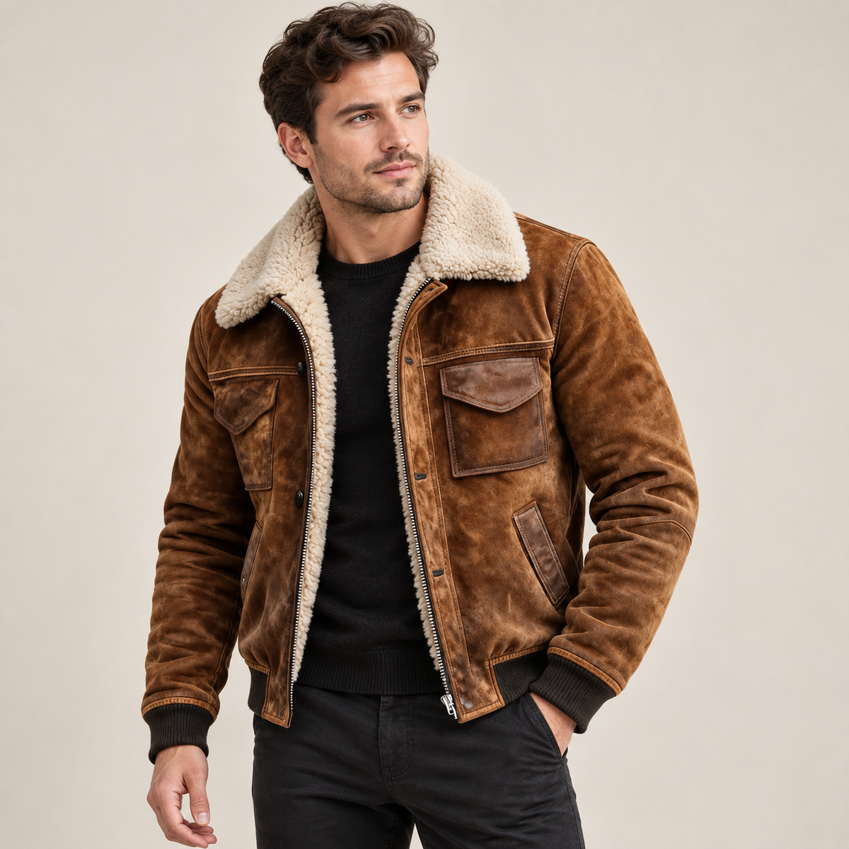 Men sherpa lined bomber jacket with shearling collar winter coat tan brown