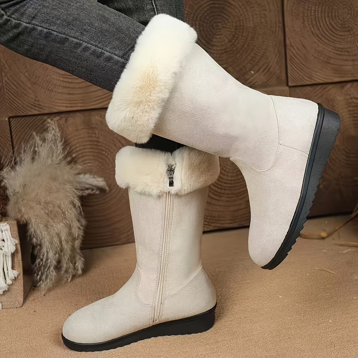 Women mid-calf boots with fur trim fold-over cuff and side zip
