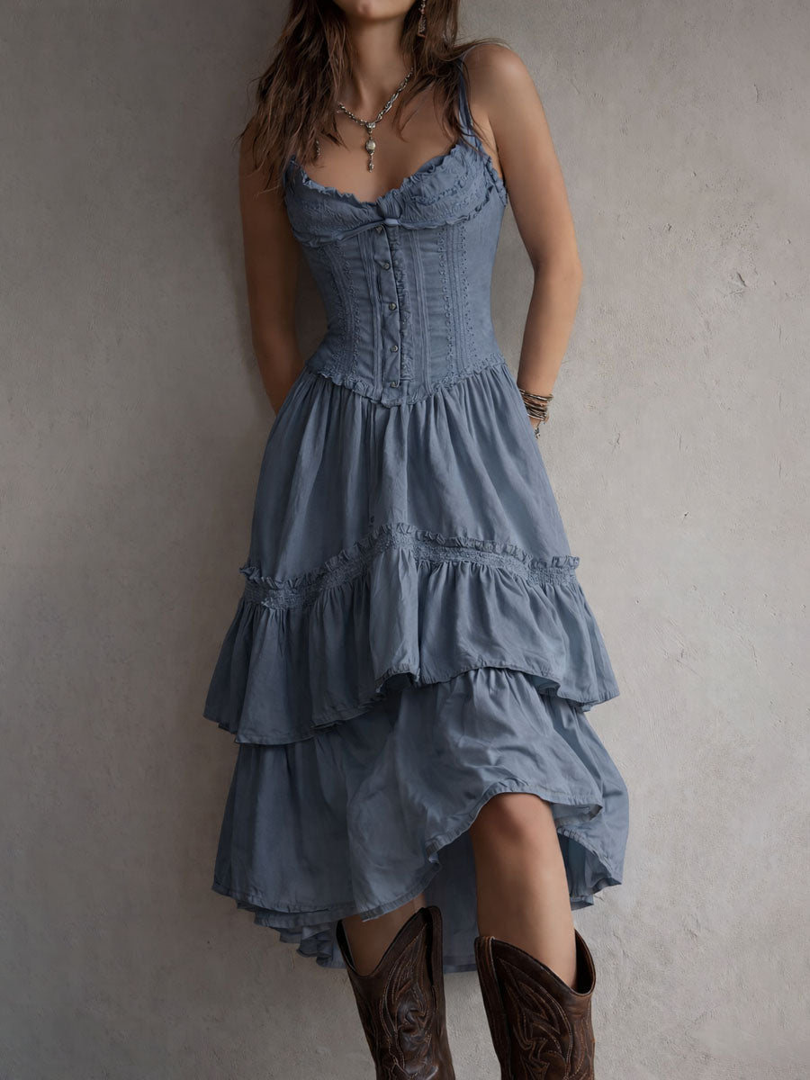 Midi Dress | Corset Bodice, Tiered Skirt | White Lace-Trim