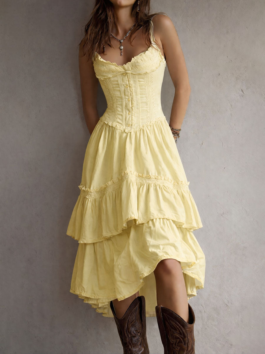 Midi Dress | Corset Bodice, Tiered Skirt | White Lace-Trim