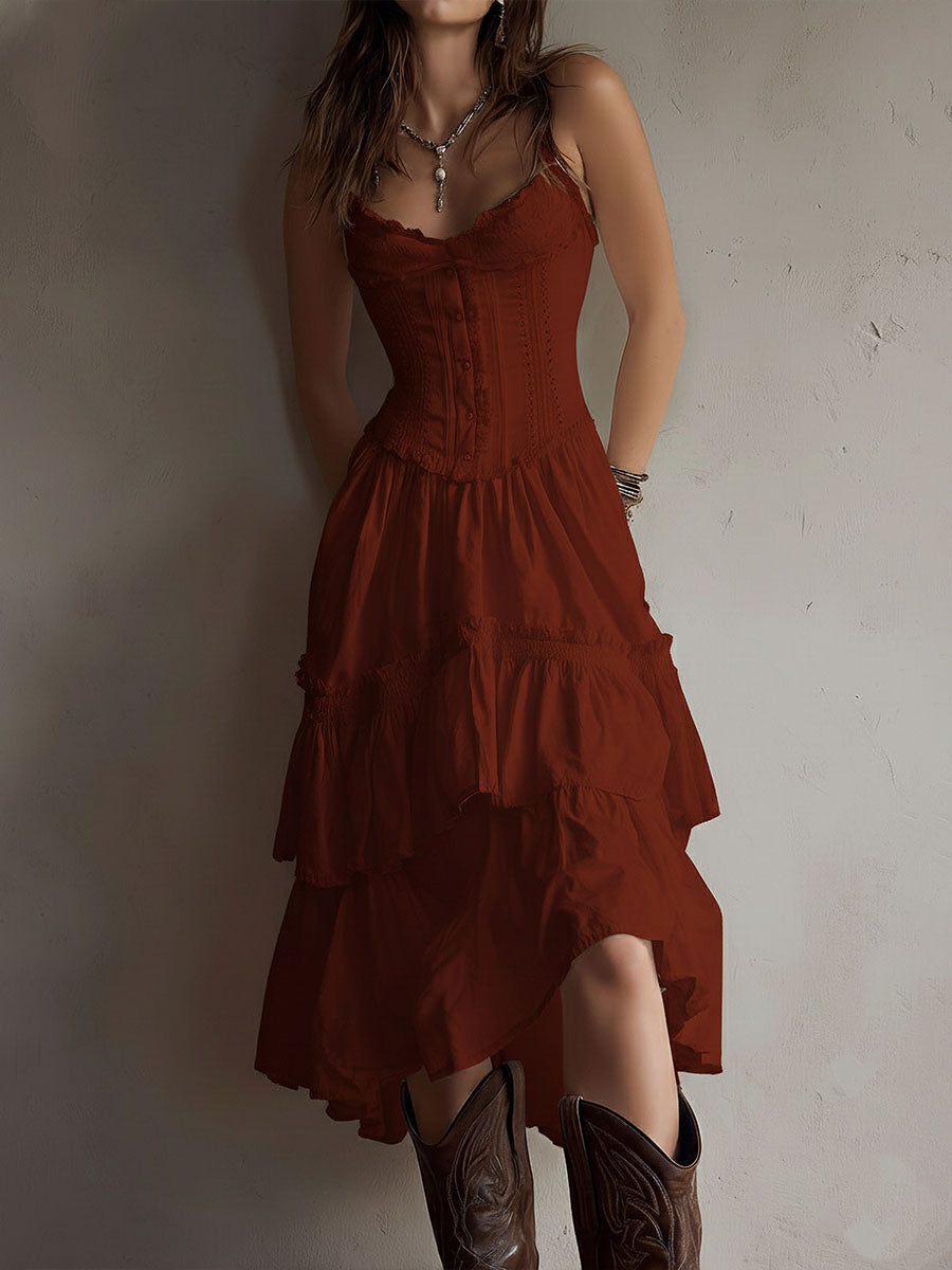 Midi Dress | Corset Bodice, Tiered Skirt | White Lace-Trim