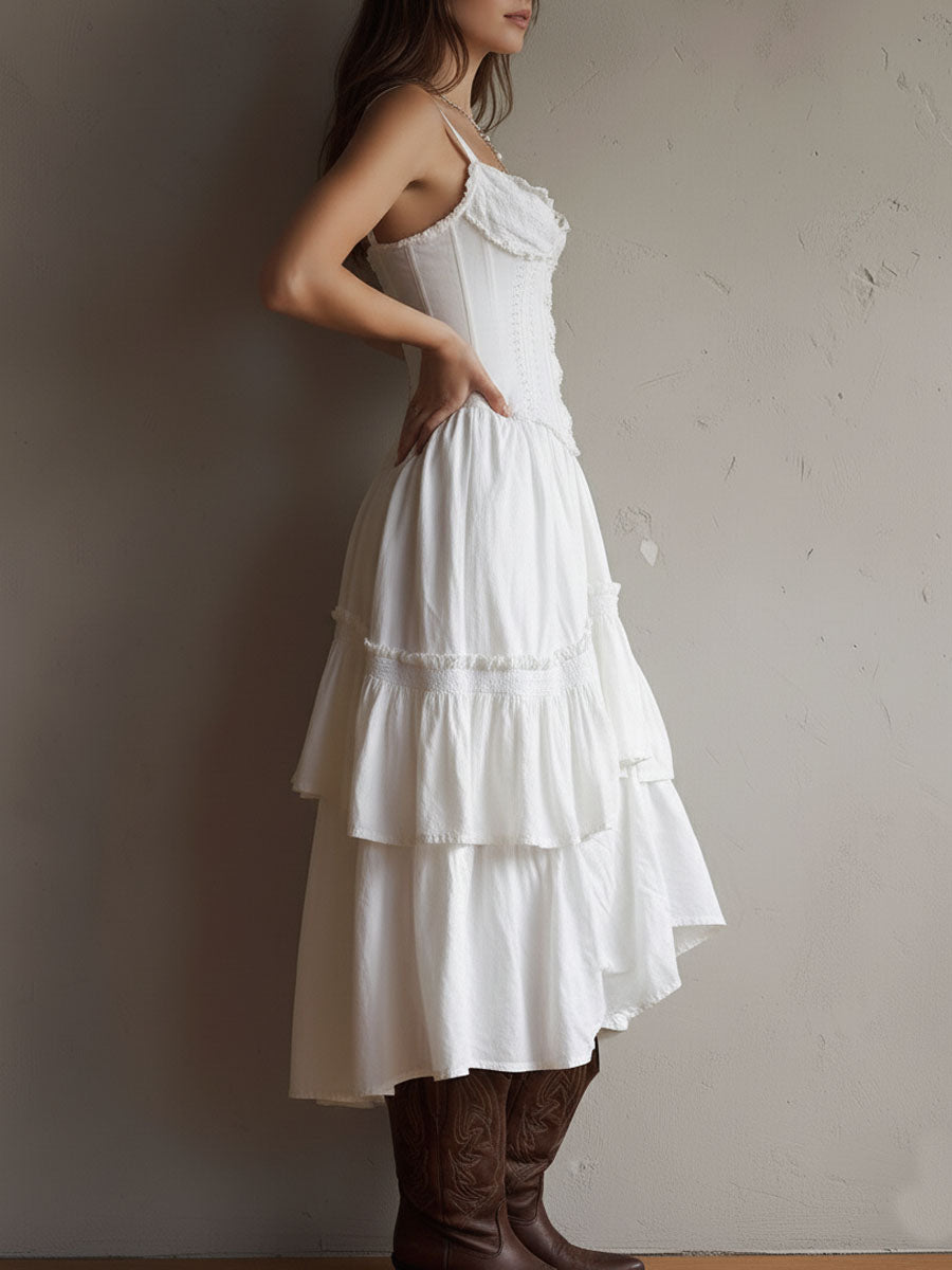 Midi Dress | Corset Bodice, Tiered Skirt | White Lace-Trim