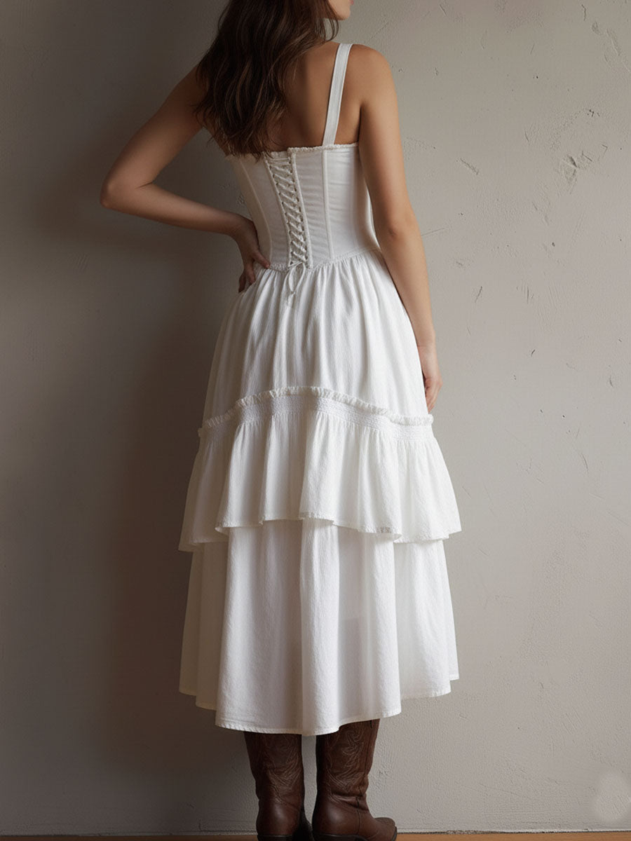 Midi Dress | Corset Bodice, Tiered Skirt | White Lace-Trim