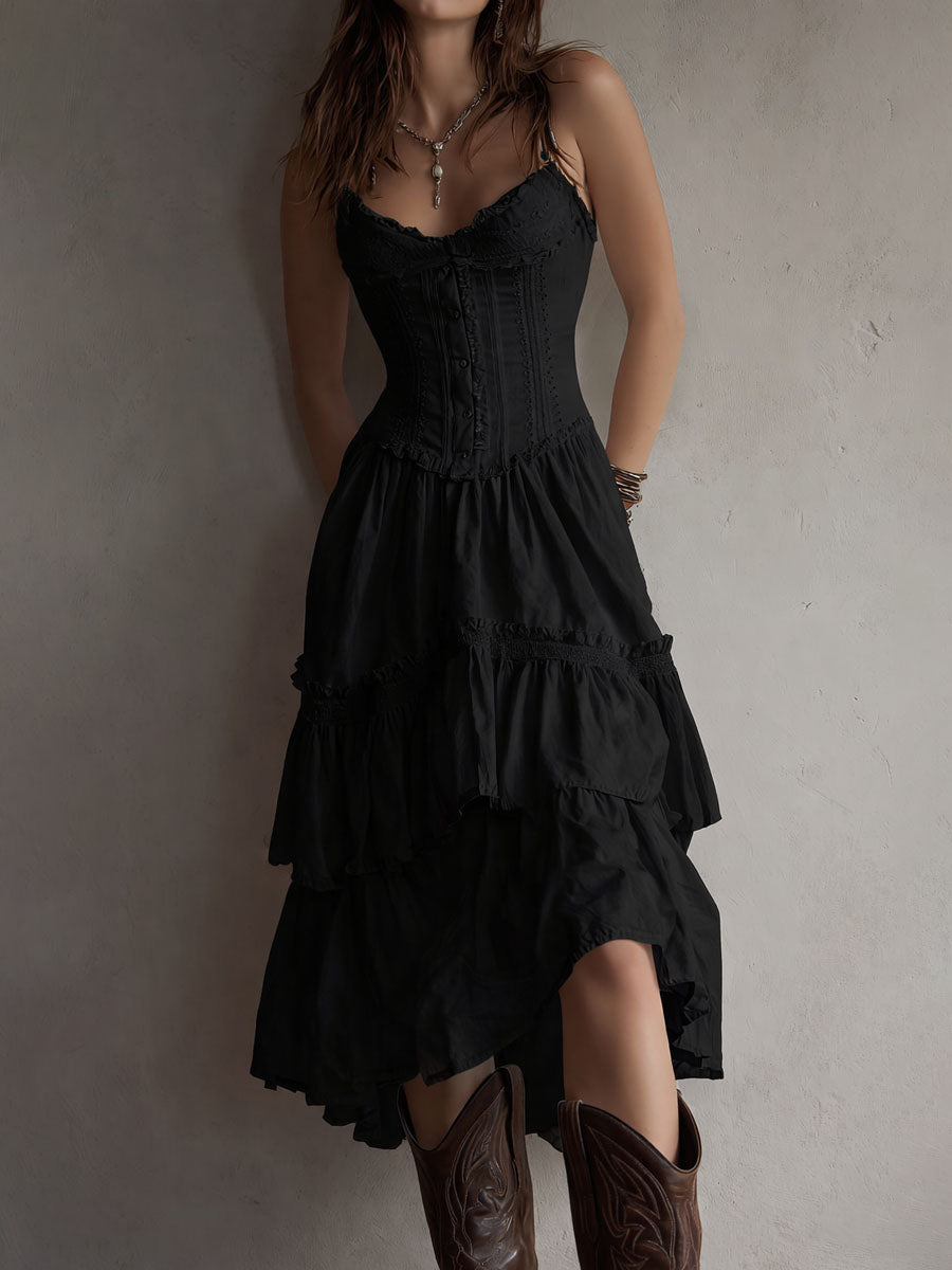 Midi Dress | Corset Bodice, Tiered Skirt | White Lace-Trim