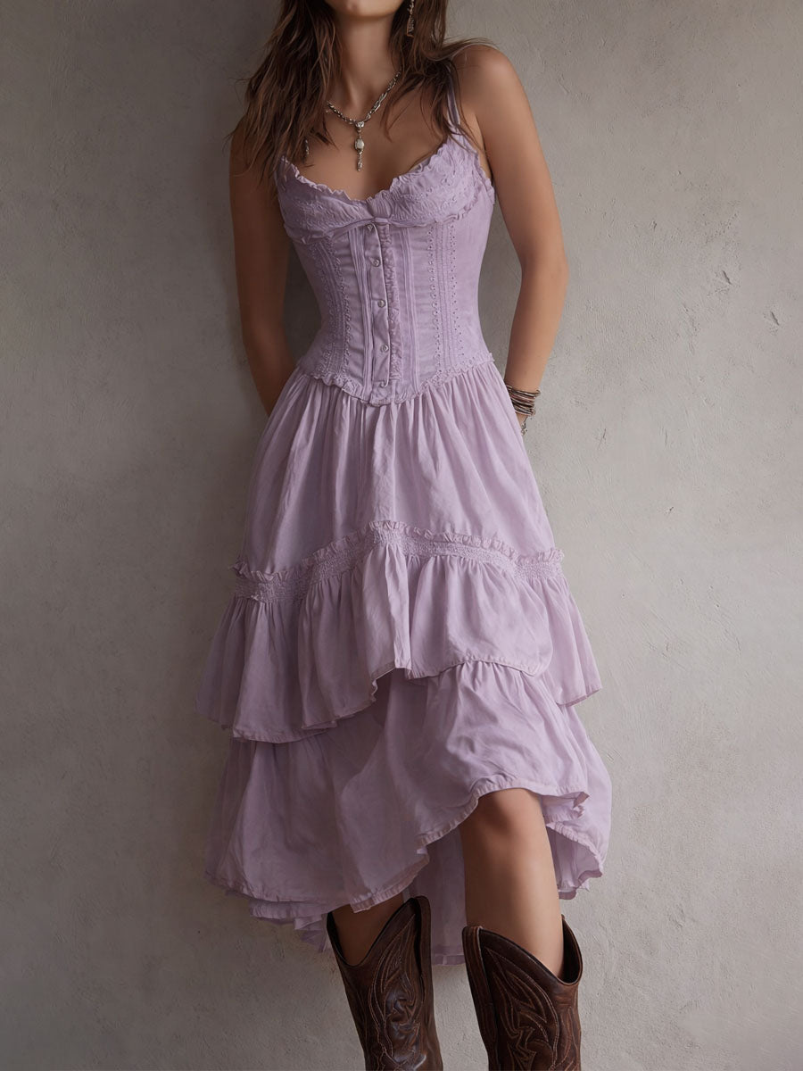 Midi Dress | Corset Bodice, Tiered Skirt | White Lace-Trim