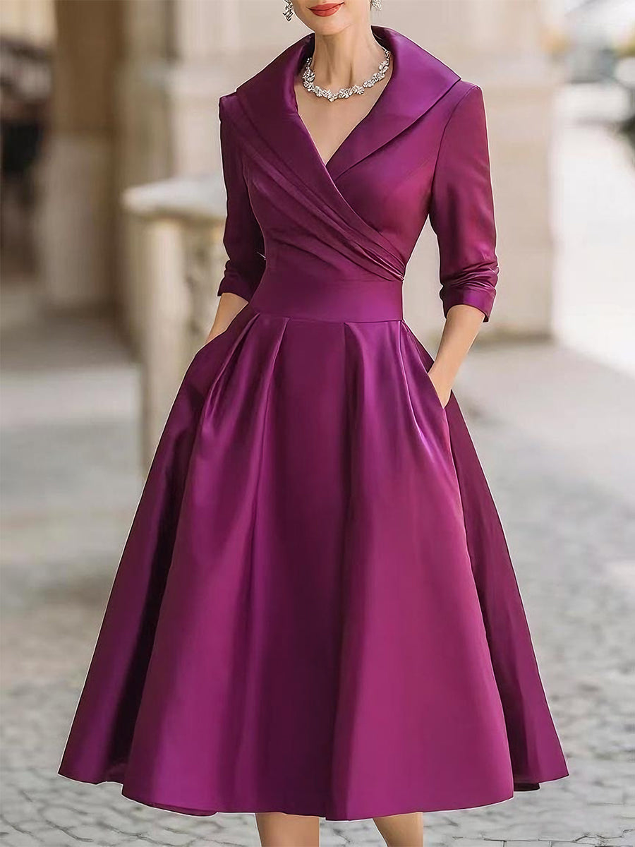 Evening Dress | Women's Wrap Collar, Midi Length | Elegant Style