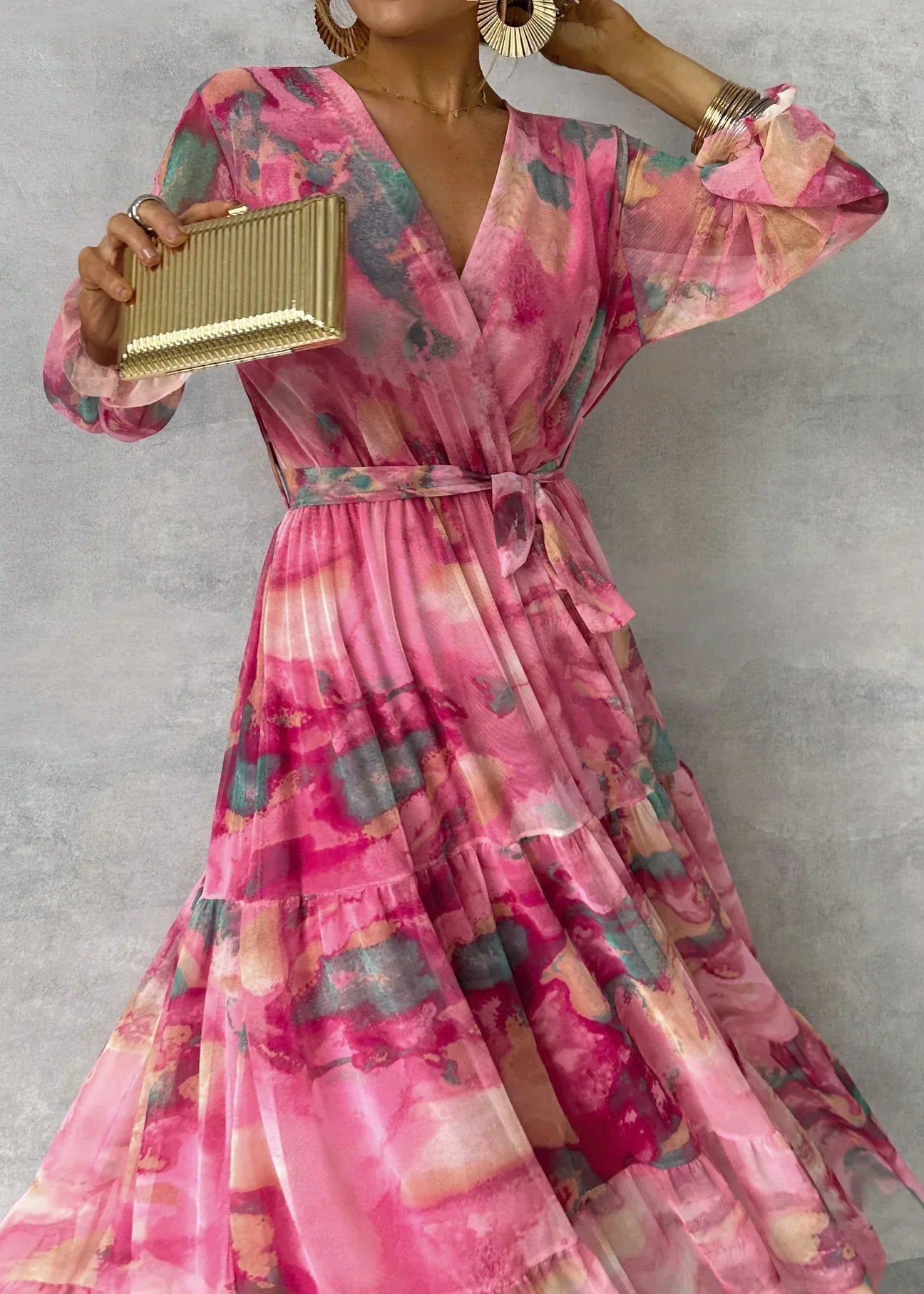 Maxi Evening Dress - Floral Pattern - Belted - Women's