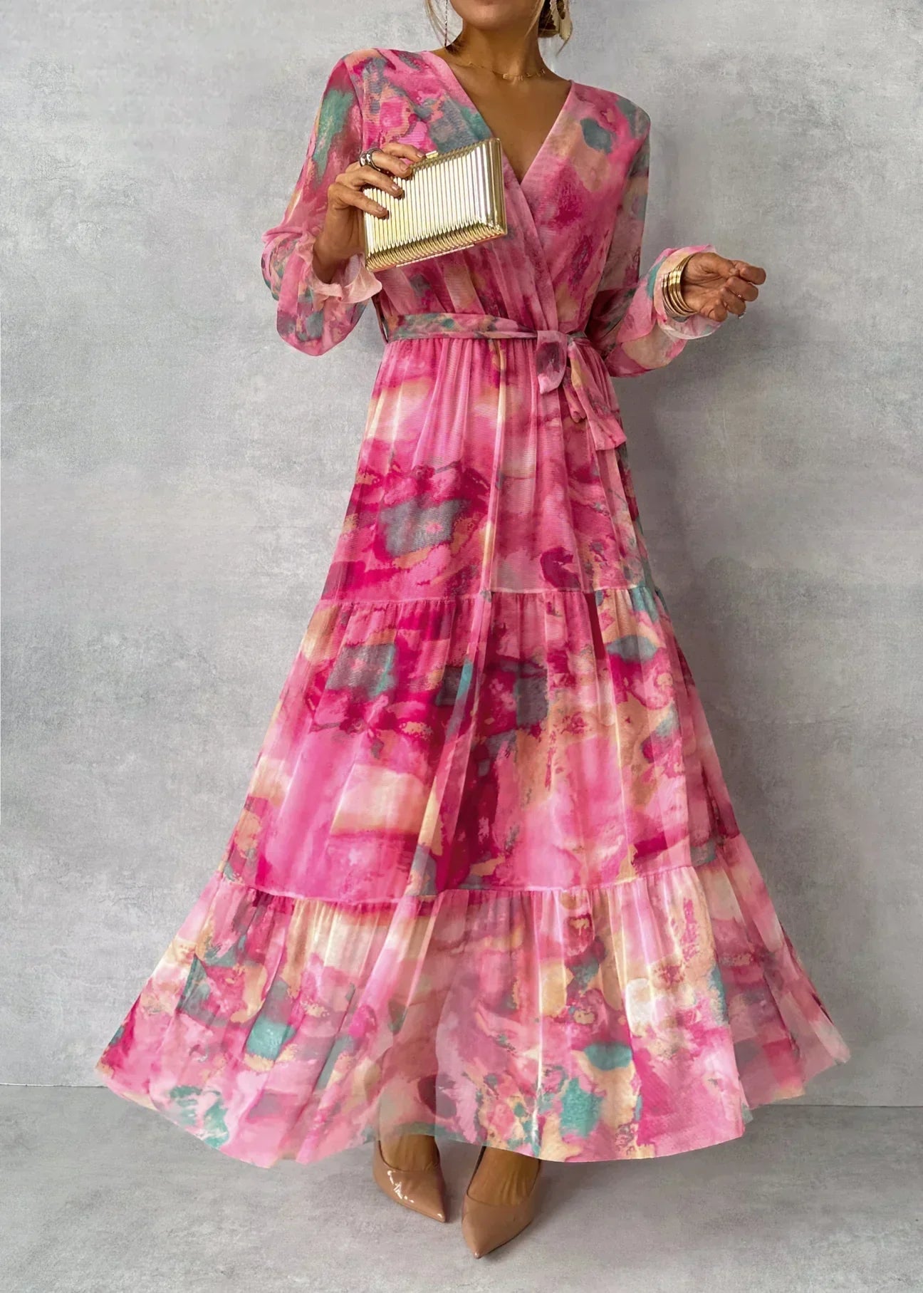 Maxi Evening Dress - Floral Pattern - Belted - Women's