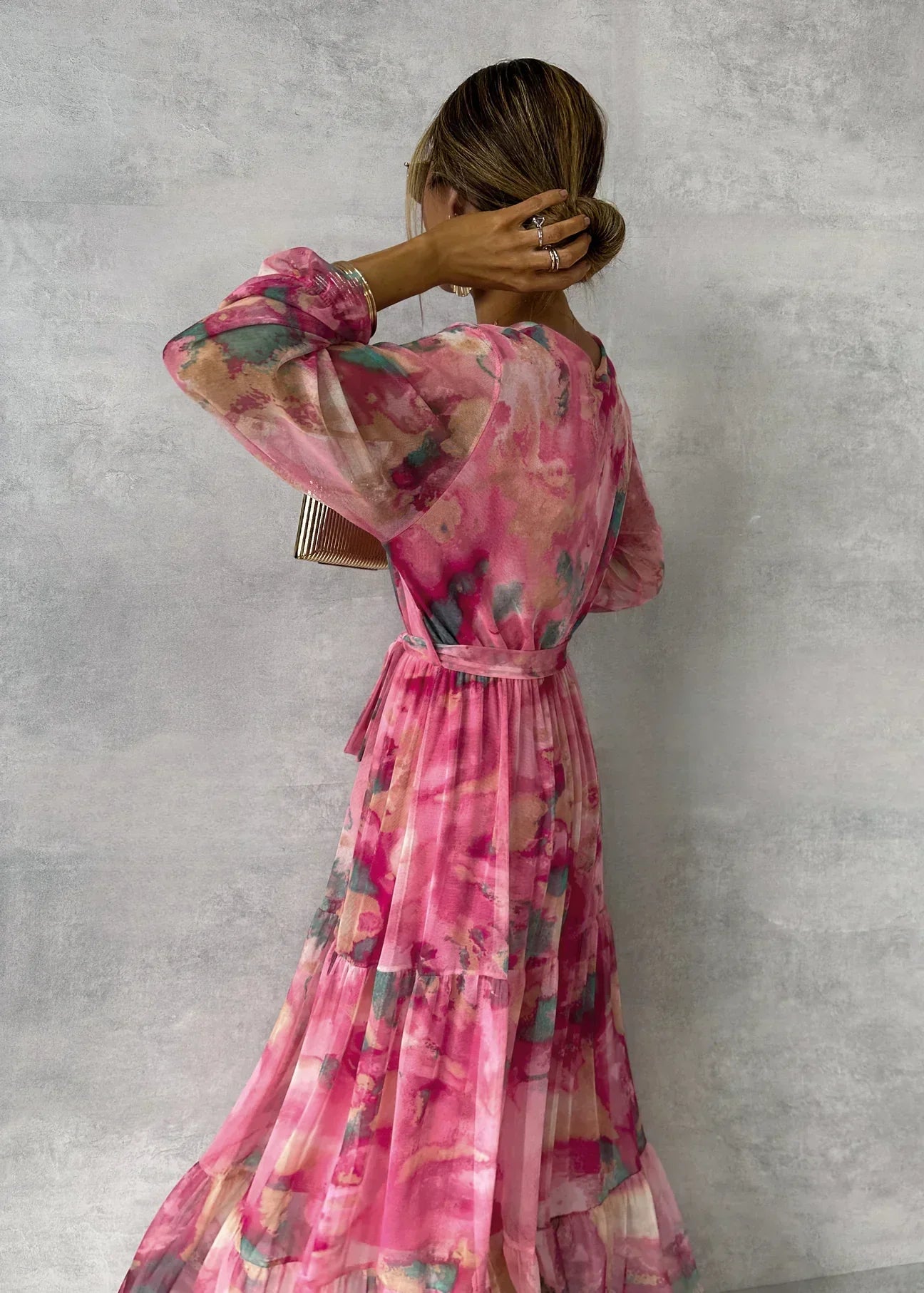 Long Floral Evening Dress - Belted Waist - Elegant Gown