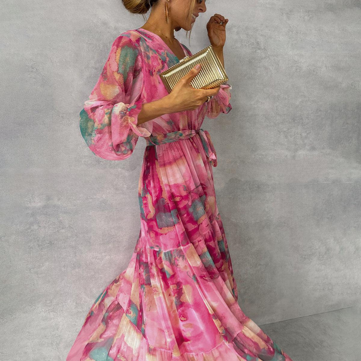 Long Floral Evening Dress - Belted Waist - Elegant Gown