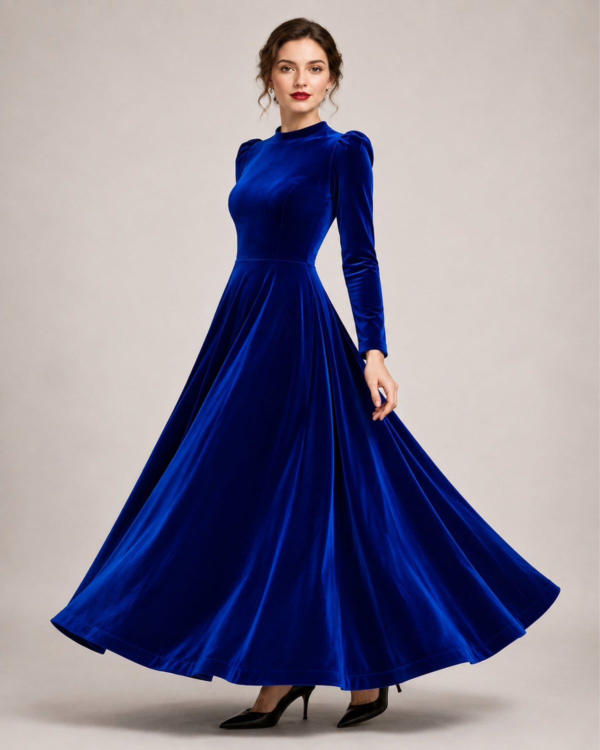 Women Velvet Midi Dress Long Sleeve A Line