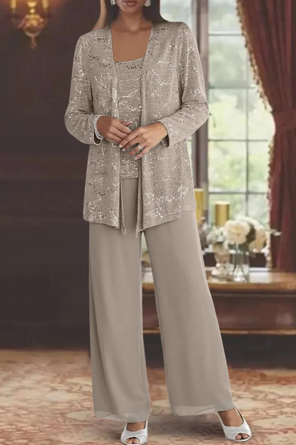 Women 3 piece sequin lace jacket wide leg trouser suit in silver for party and wedding