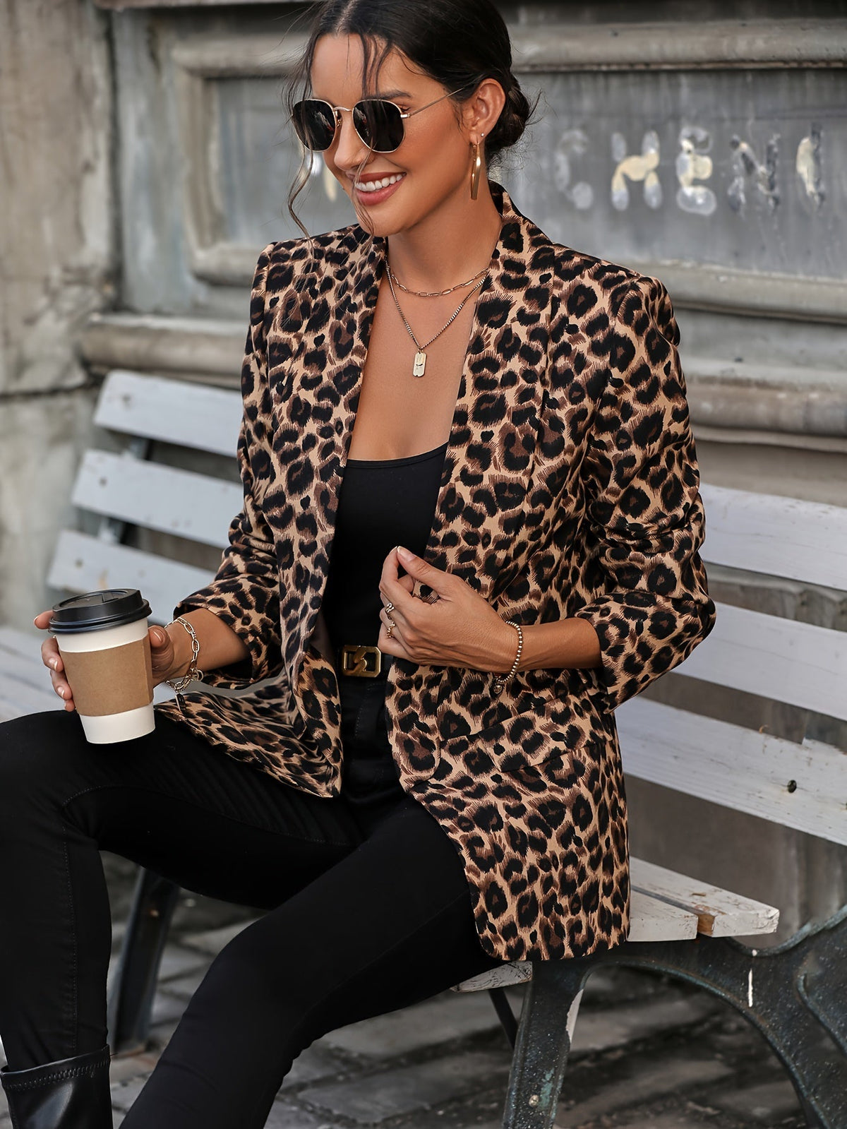Womens leopard print blazer long with long sleeves, all season animal print