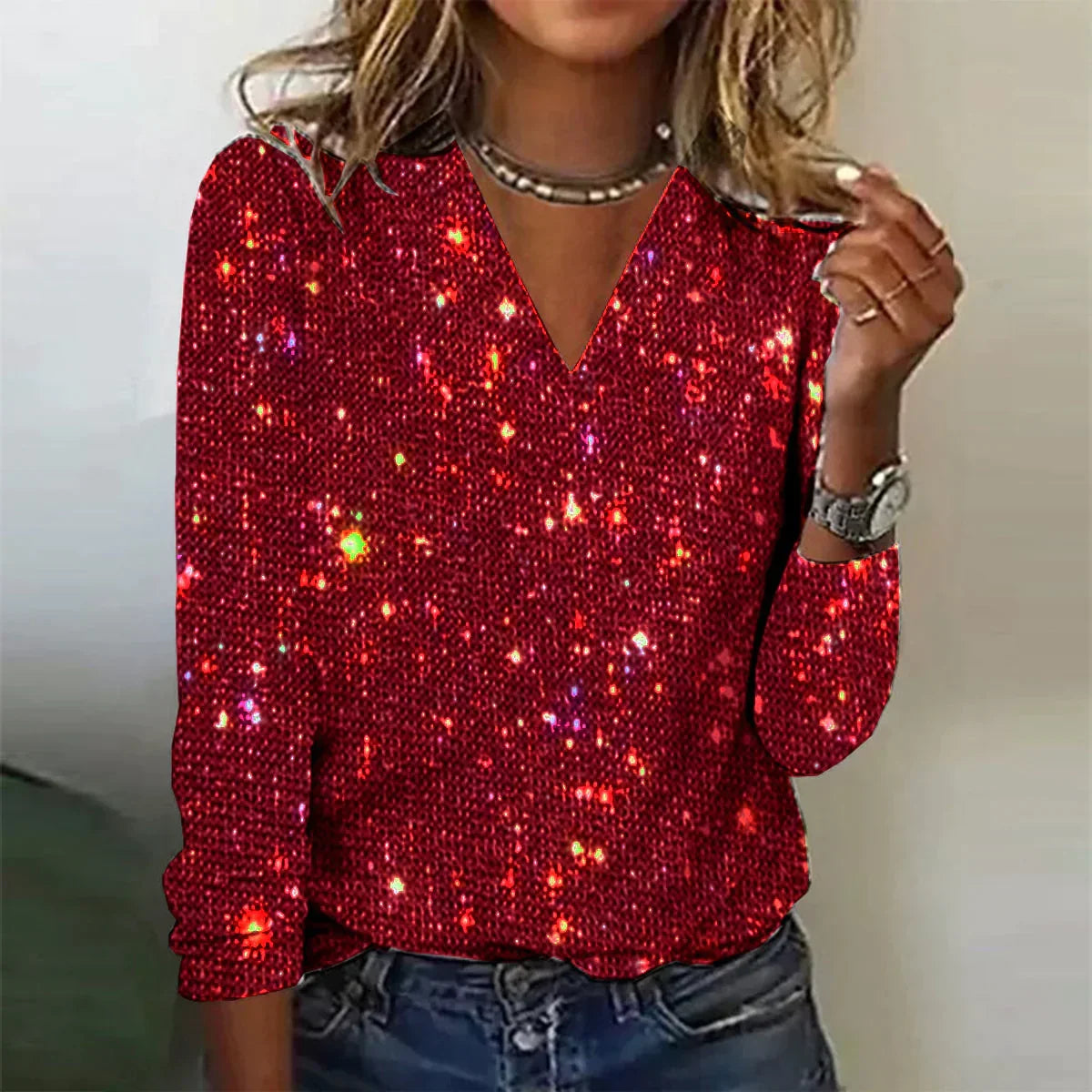 Women Sequin V Neck Pullover Glitter Top