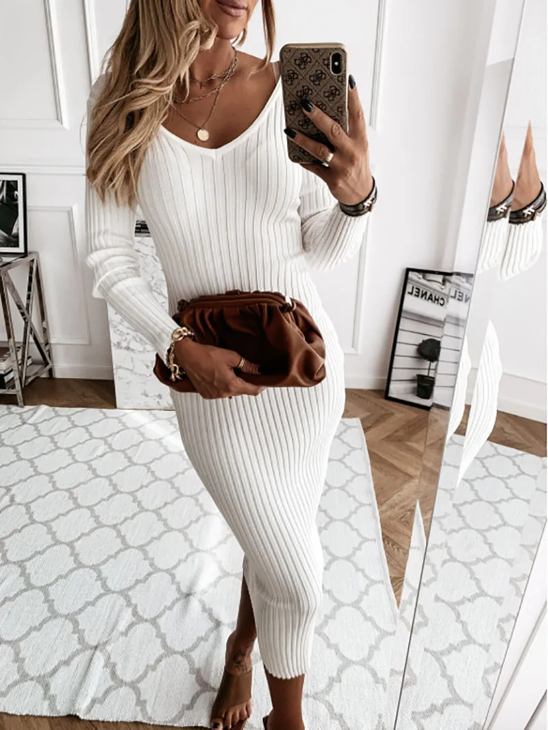 Knit Midi Dress | Women's V Neck, Long Sleeve | Casual Knit Style