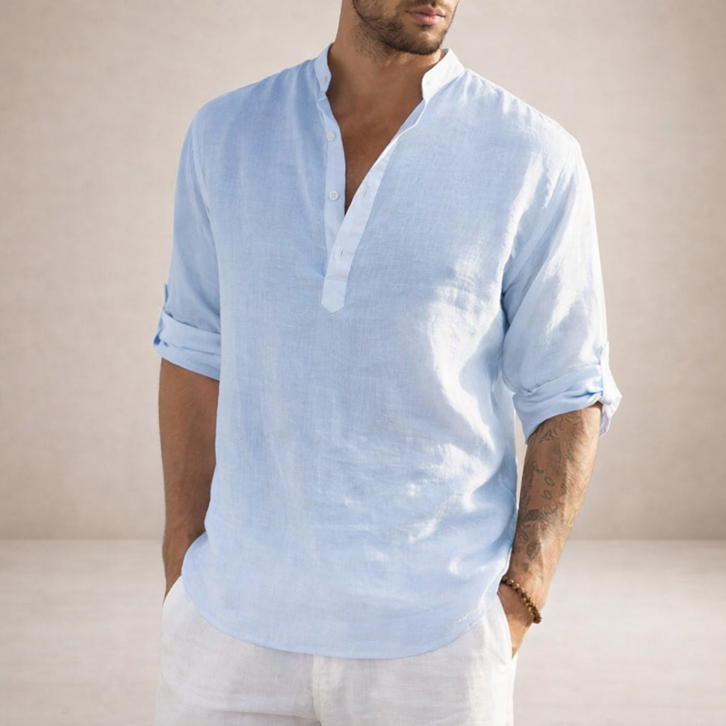 Men's Linen Shirt | Regular Fit, Long Sleeves, Standing Collar
