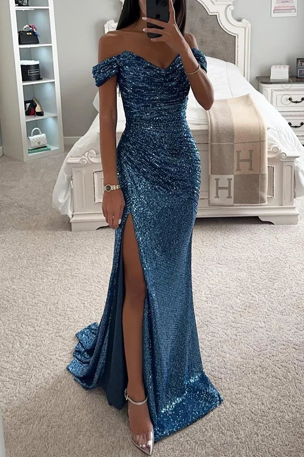 Sequin Evening Maxi Dress | Off-Shoulder, Split Hem | Party Wear