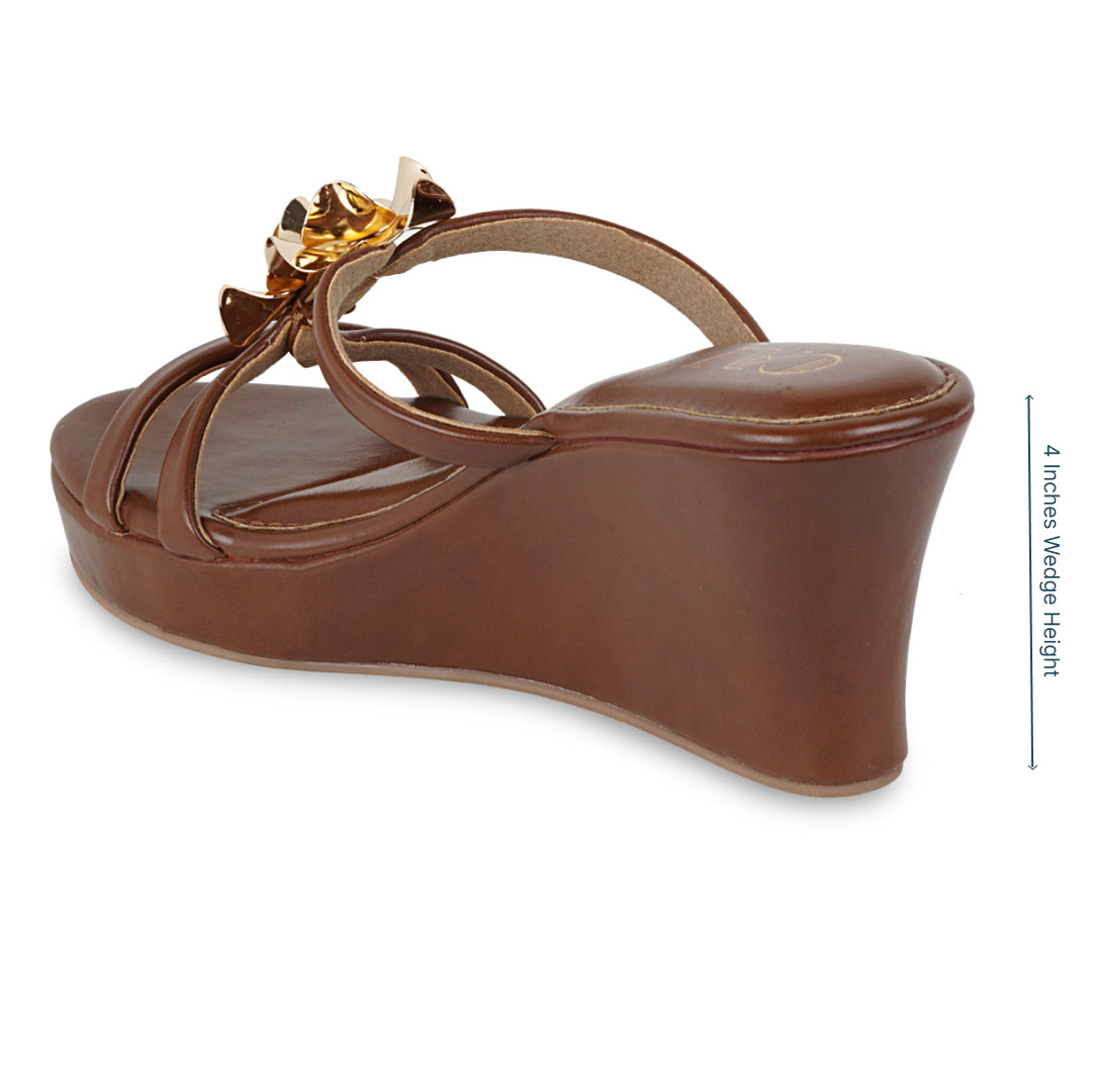 Women’s Tan Wedge Sandals | Gold Floral Strap | Comfortable Summer Style