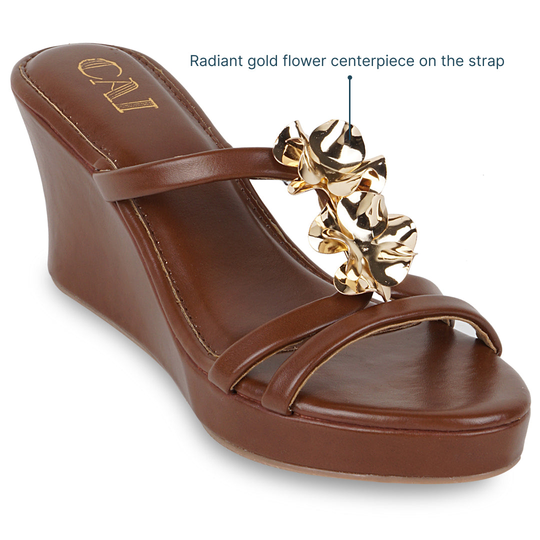 Women’s Tan Wedge Sandals | Gold Floral Strap | Comfortable Summer Style