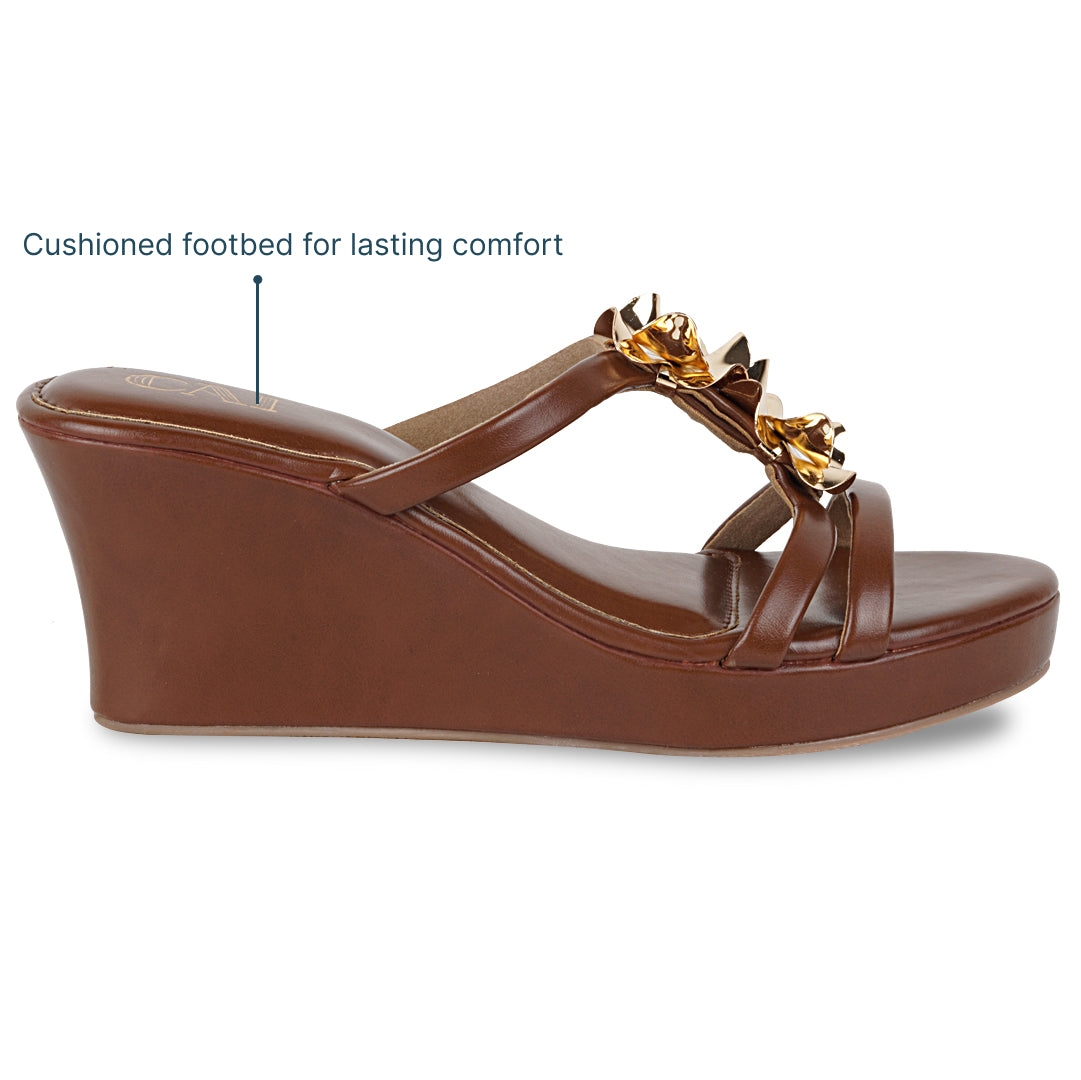 Women’s Tan Wedge Sandals | Gold Floral Strap | Comfortable Summer Style