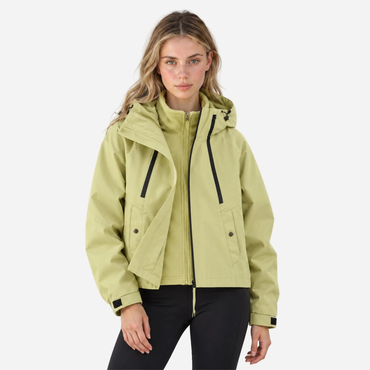 Women waterproof jacket hooded cropped with adjustable cuffs and zip closure
