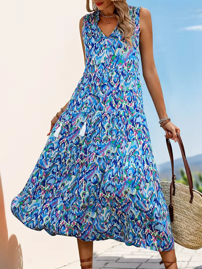 Linen Loose Summer Dress | Bohemian A-Line, V-Neck | Colorful