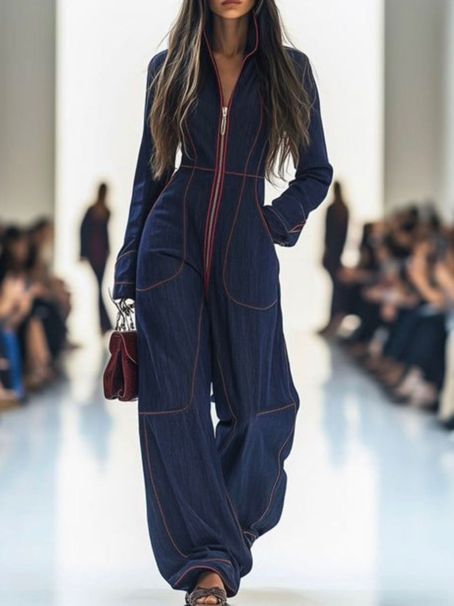 Denim Jumpsuit | Wide Leg, Long Sleeve, Mock Neck