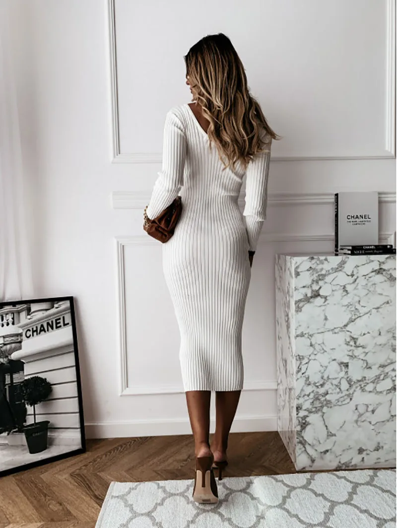 Knit Midi Dress | Women's V Neck, Long Sleeve | Casual Knit Style