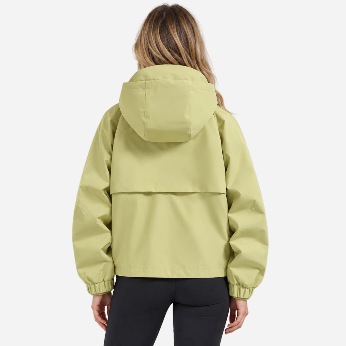 Women waterproof jacket hooded cropped with adjustable cuffs and zip closure