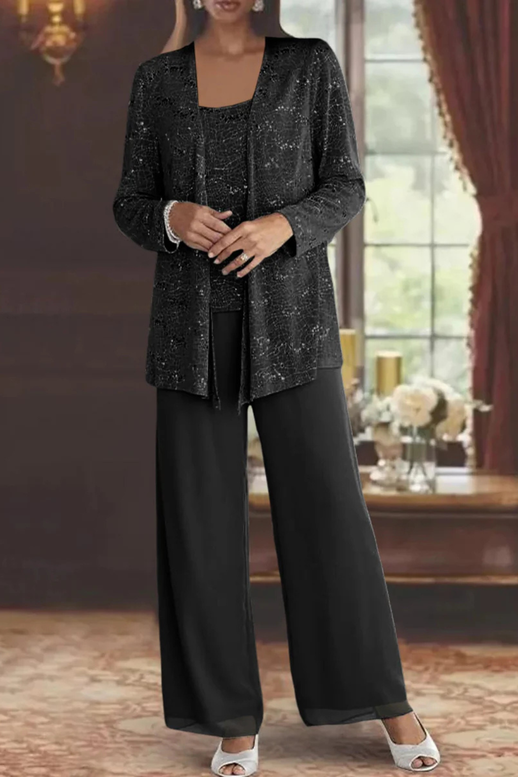 Women 3 piece sequin lace jacket wide leg trouser suit in silver for party and wedding