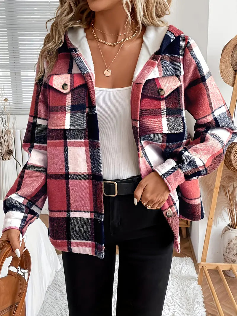 Plaid hooded jacket women with fleece lining and hood