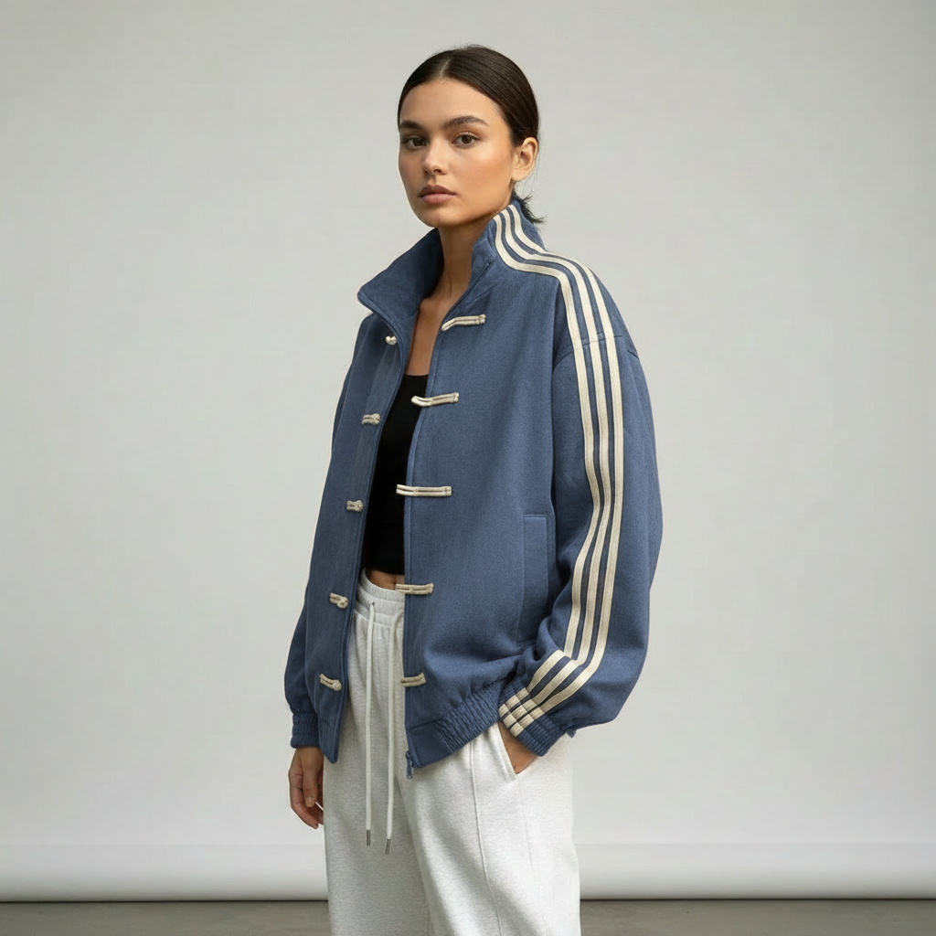 Women retro velour track jacket with contrast sleeve stripes and button closure