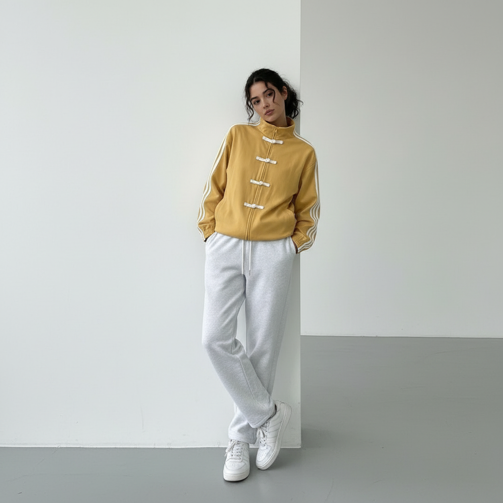 Women retro velour track jacket with contrast sleeve stripes and button closure
