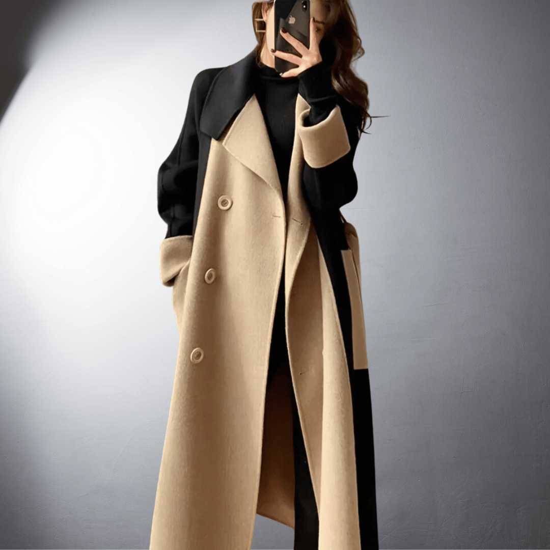 Women two tone straight cut mid length coat colourblock winter