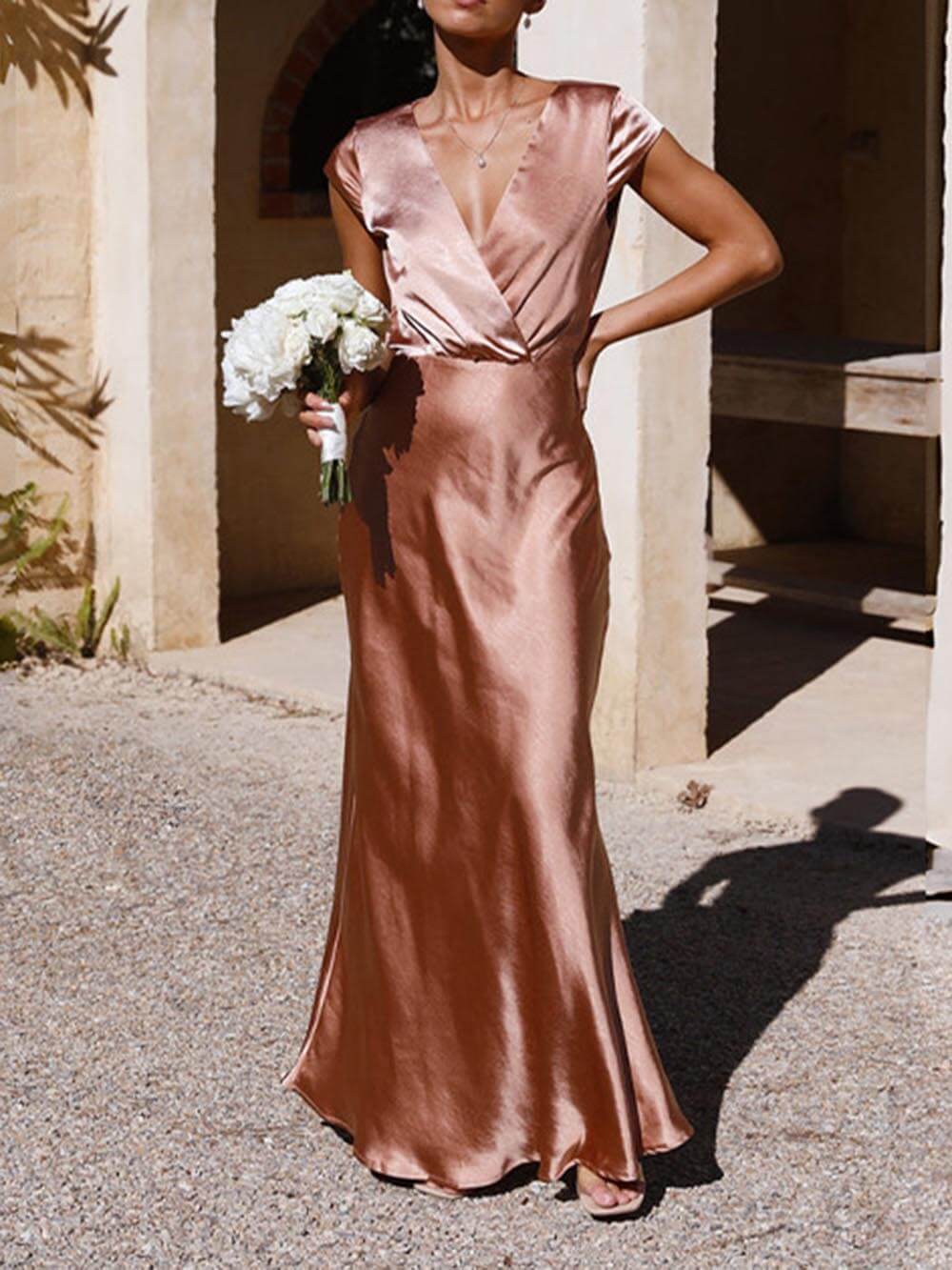 Evening Dress | Satin Mermaid Dress, V Neck | Fishtail Hem