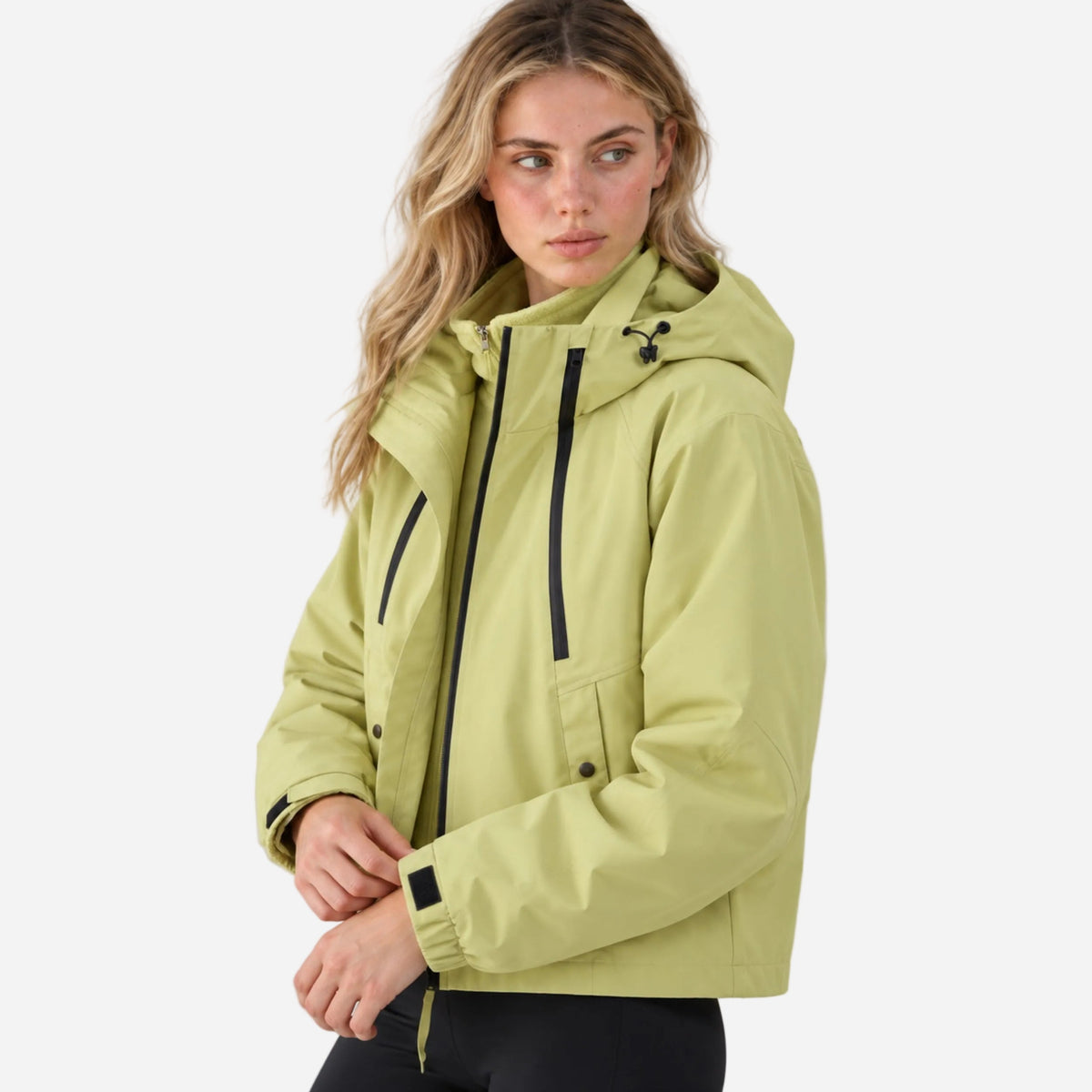 Women waterproof jacket hooded cropped with adjustable cuffs and zip closure