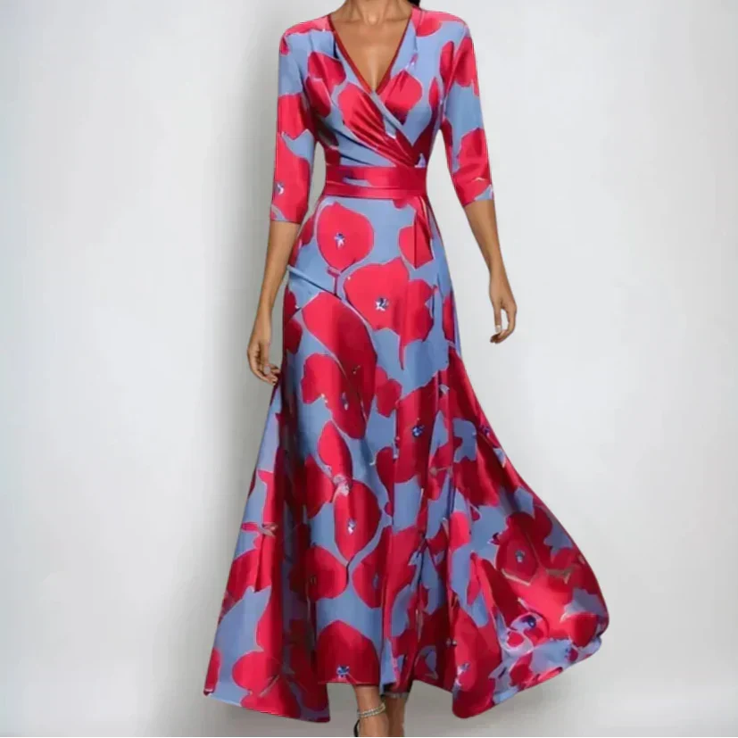 Women wrap dress with 3/4 sleeves and flattering waist-cinching wrap design